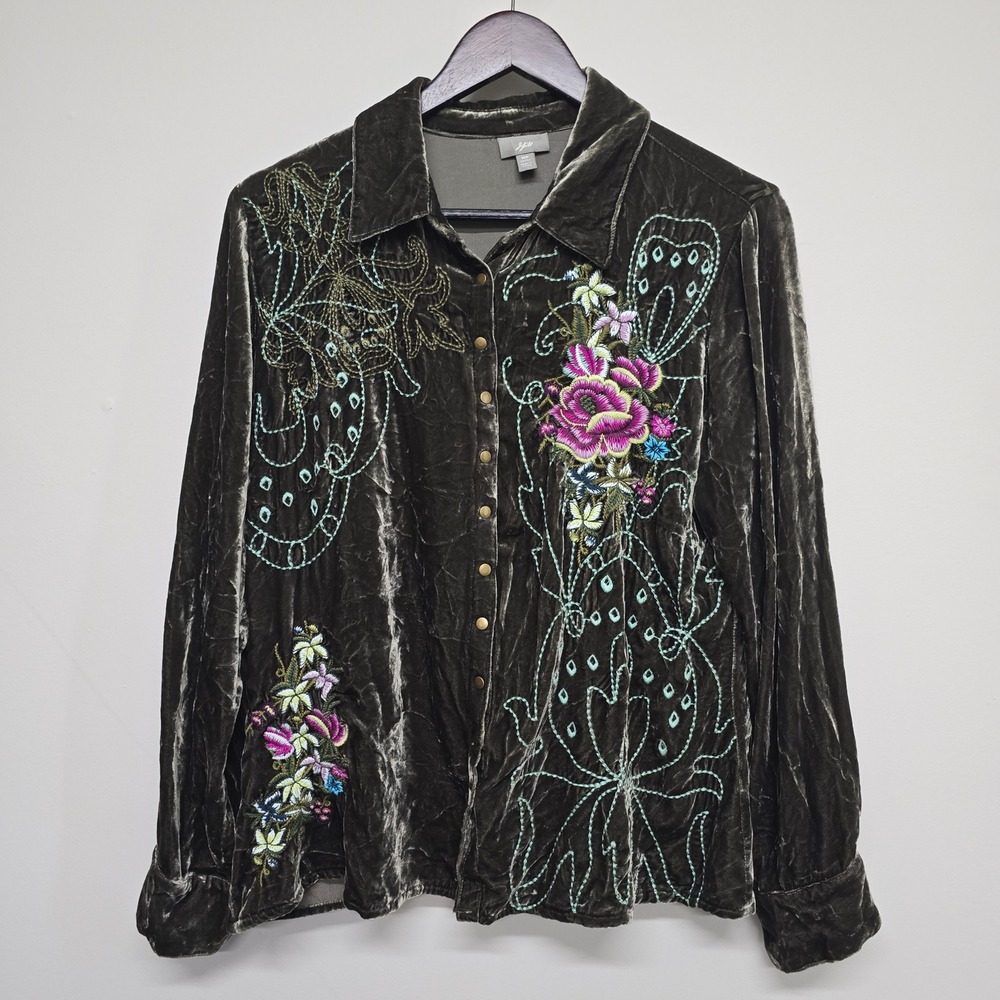 J. Jill Embroidered Silk Blend Velvet Button Front Shirt Womens MP Green Floral